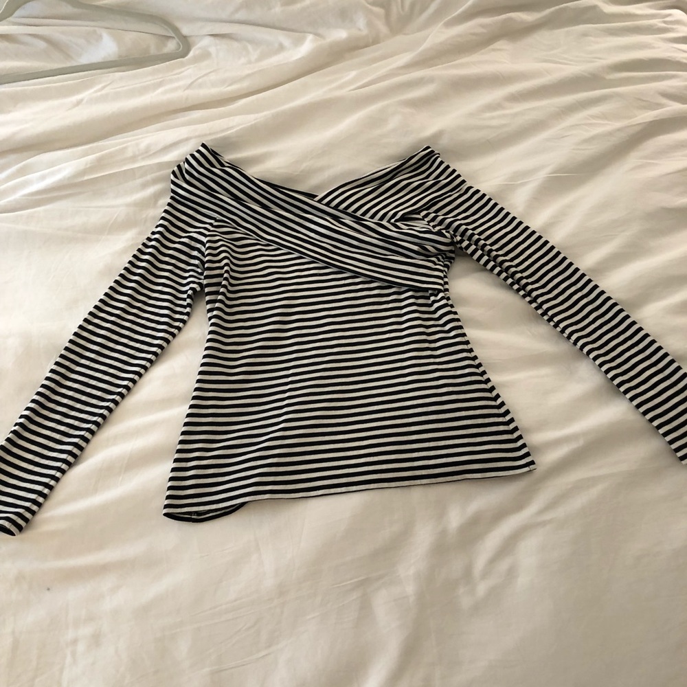 Black White Striped Off the Shoulder Theory shirt
